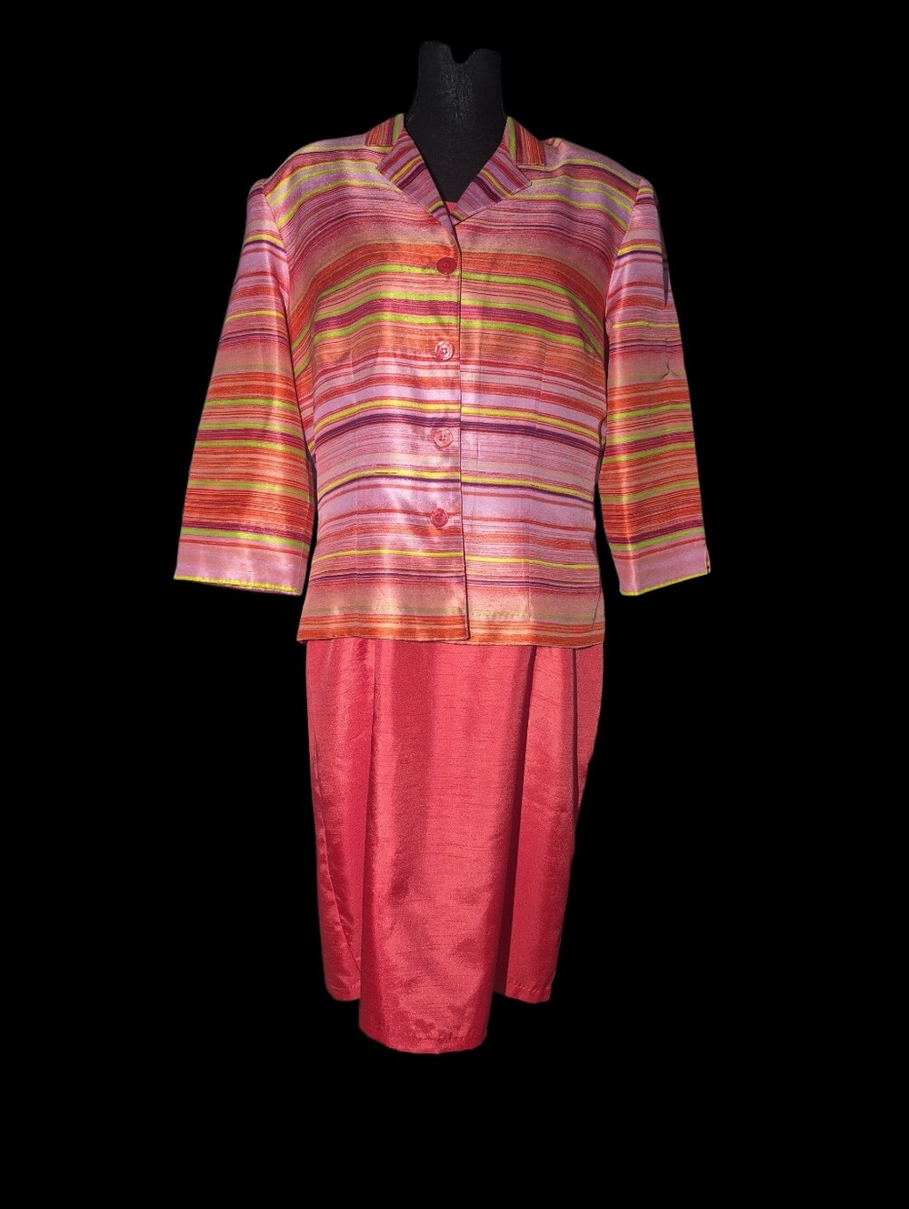 Vintage Sheri Martin Candy Striped Jacket Sleeveless Dress Set Coral Pink Sz 14